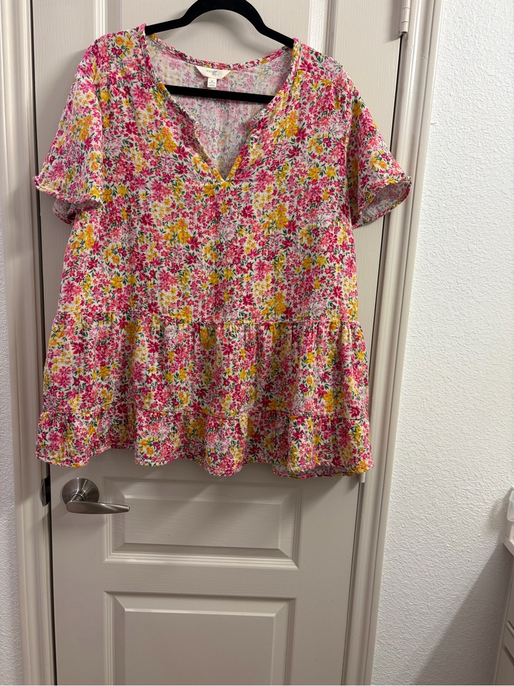 Terra & Sky Pink & Yellow Floral Tiered V-Neck Blouse